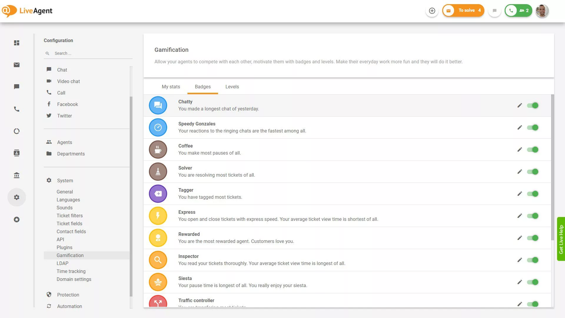 Lista de insignias disponibles en LiveAgent