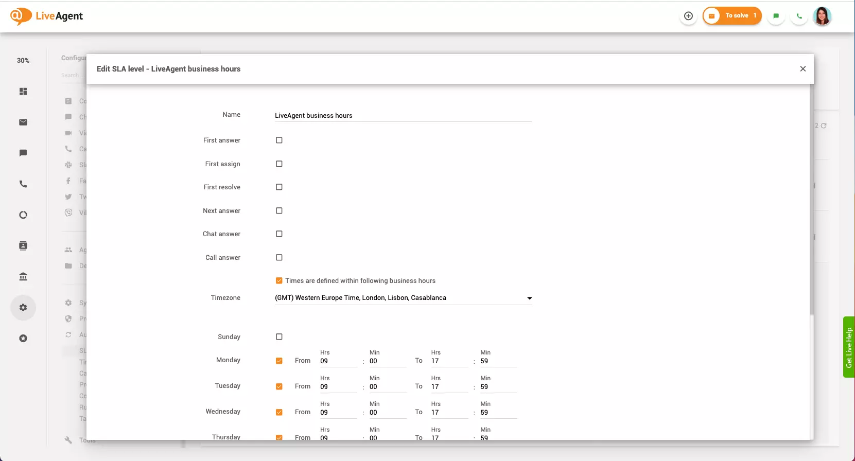 Configuración de horarios comerciales