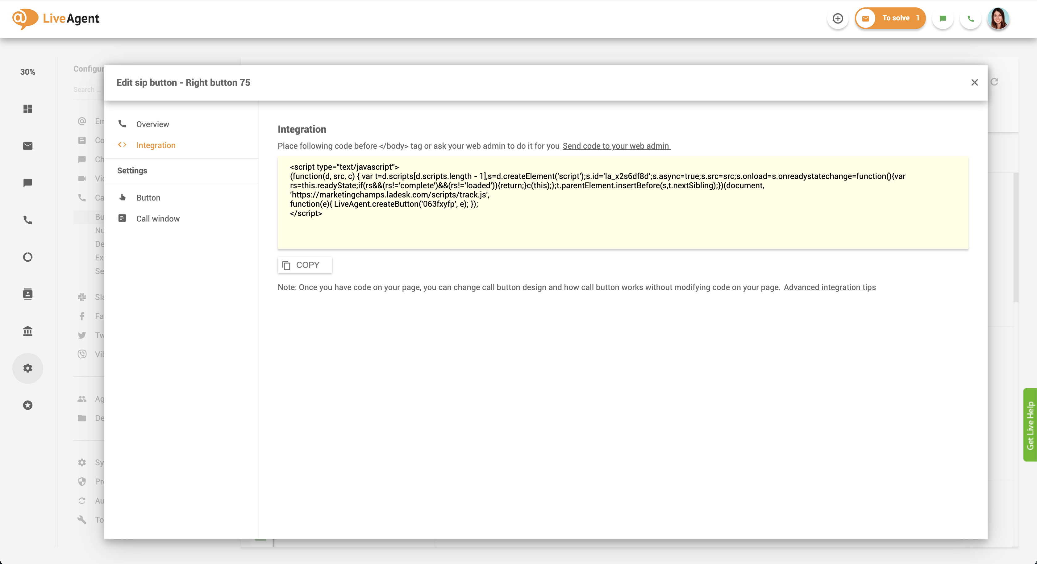 Código de integración del botón de llamada