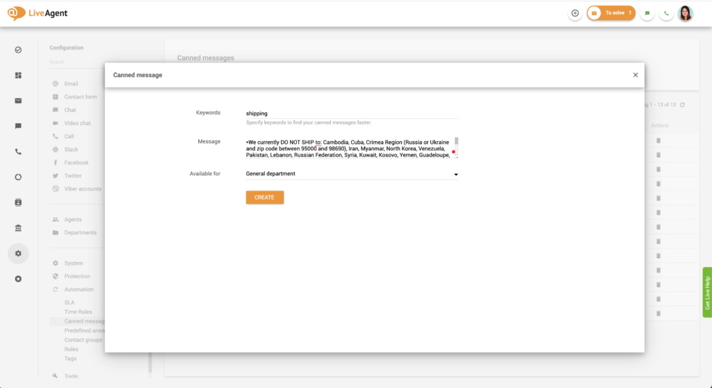 Formulario de creación de mensaje predefinido