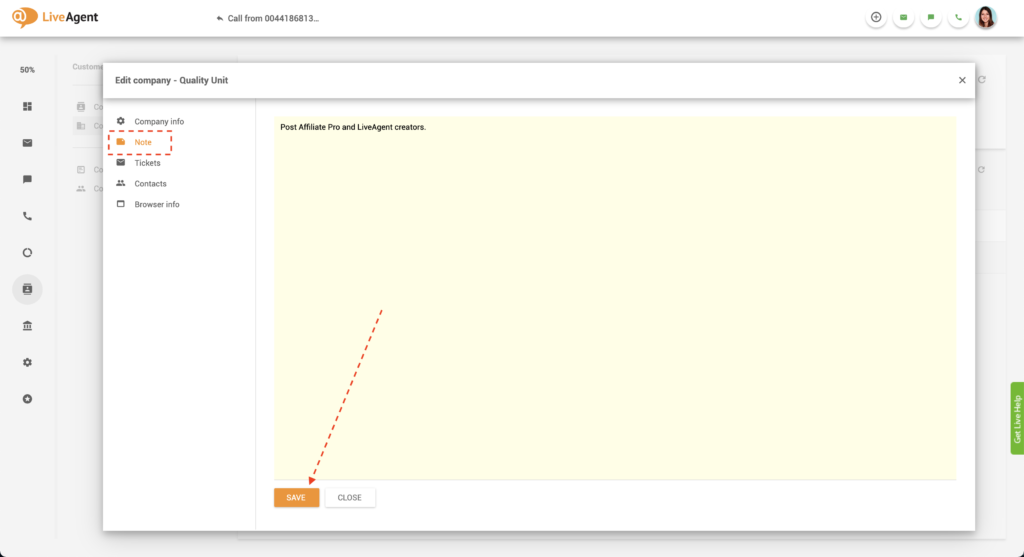 Nota de empresa en LiveAgent