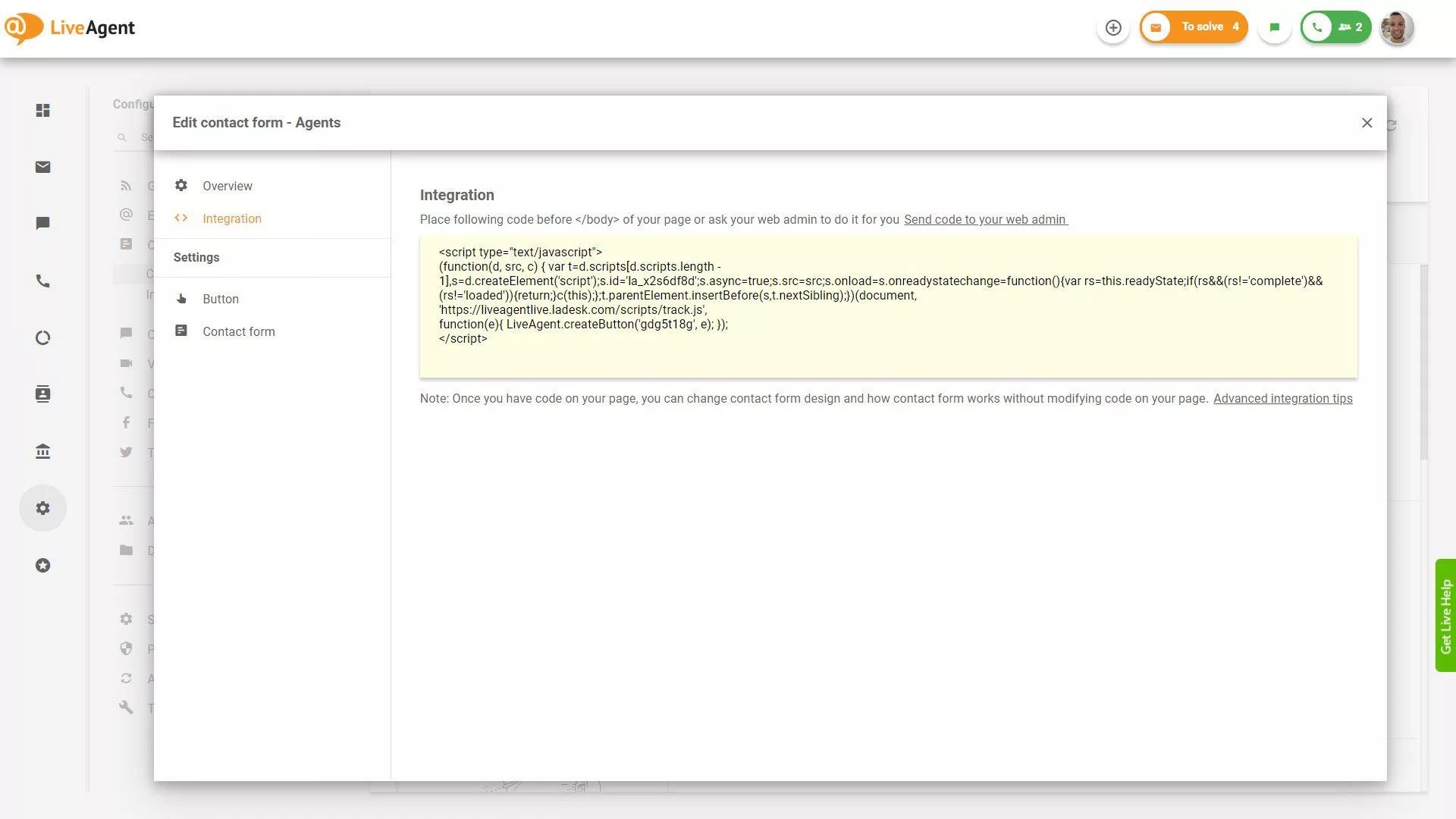 Código de Integración del Formulario de Contacto de LiveAgent