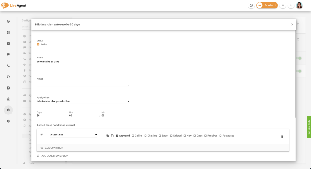 Editar regla de tiempo en LiveAgent