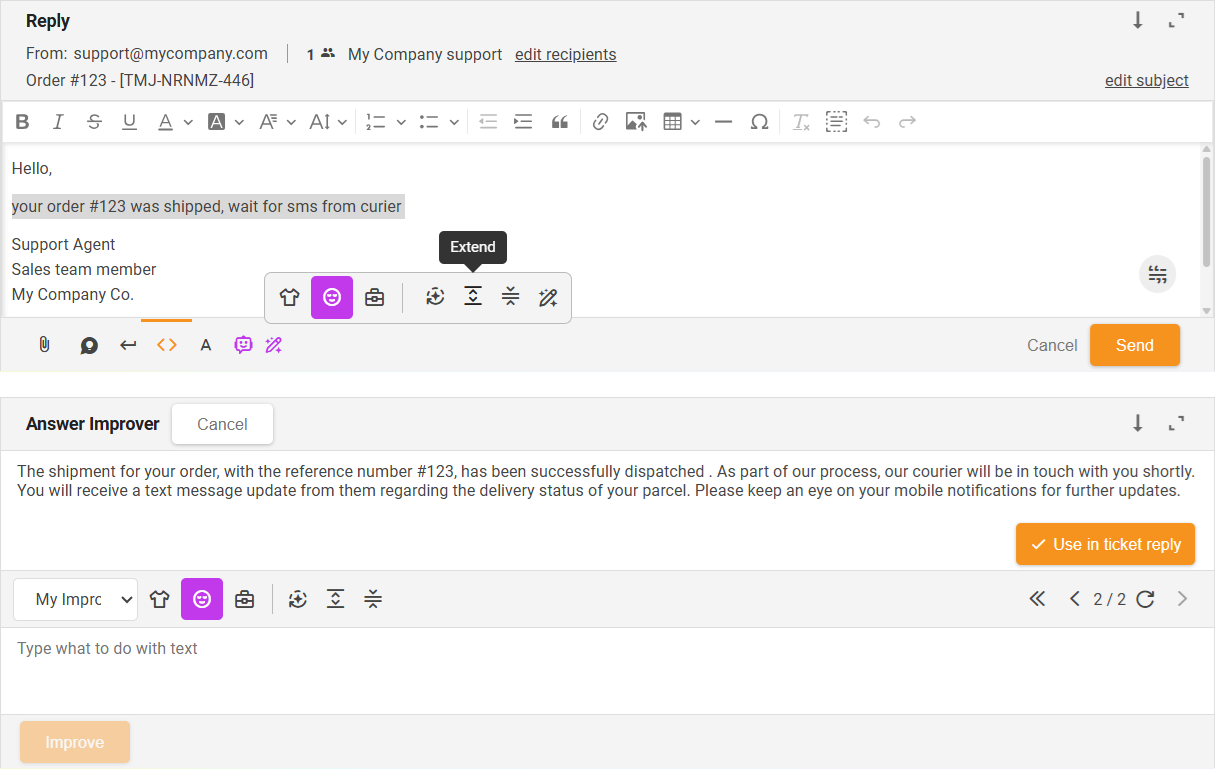 Función Ampliar del Mejorador de Respuestas con IA - descripción general de la interfaz