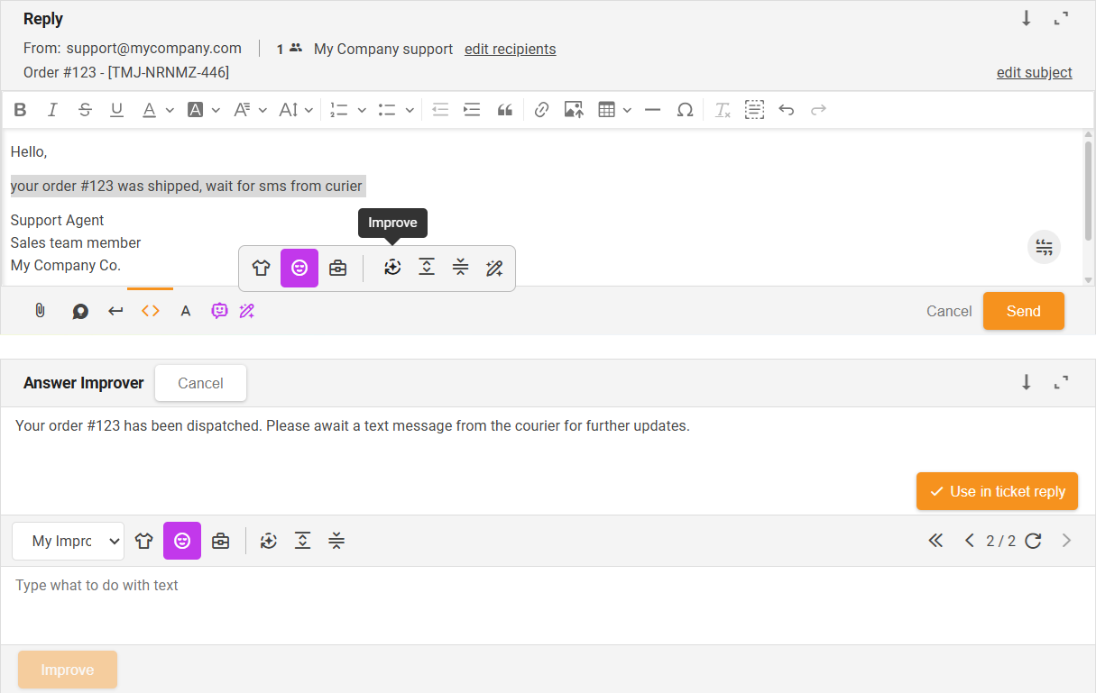 Función Mejorar del Mejorador de Respuestas con IA - descripción general de la interfaz