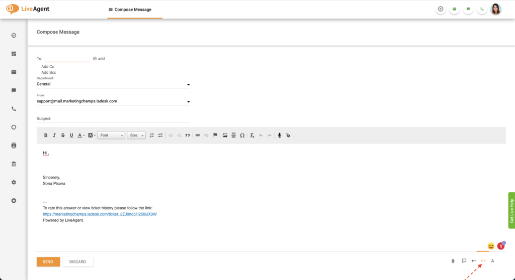 Botón del editor HTML en LiveAgent