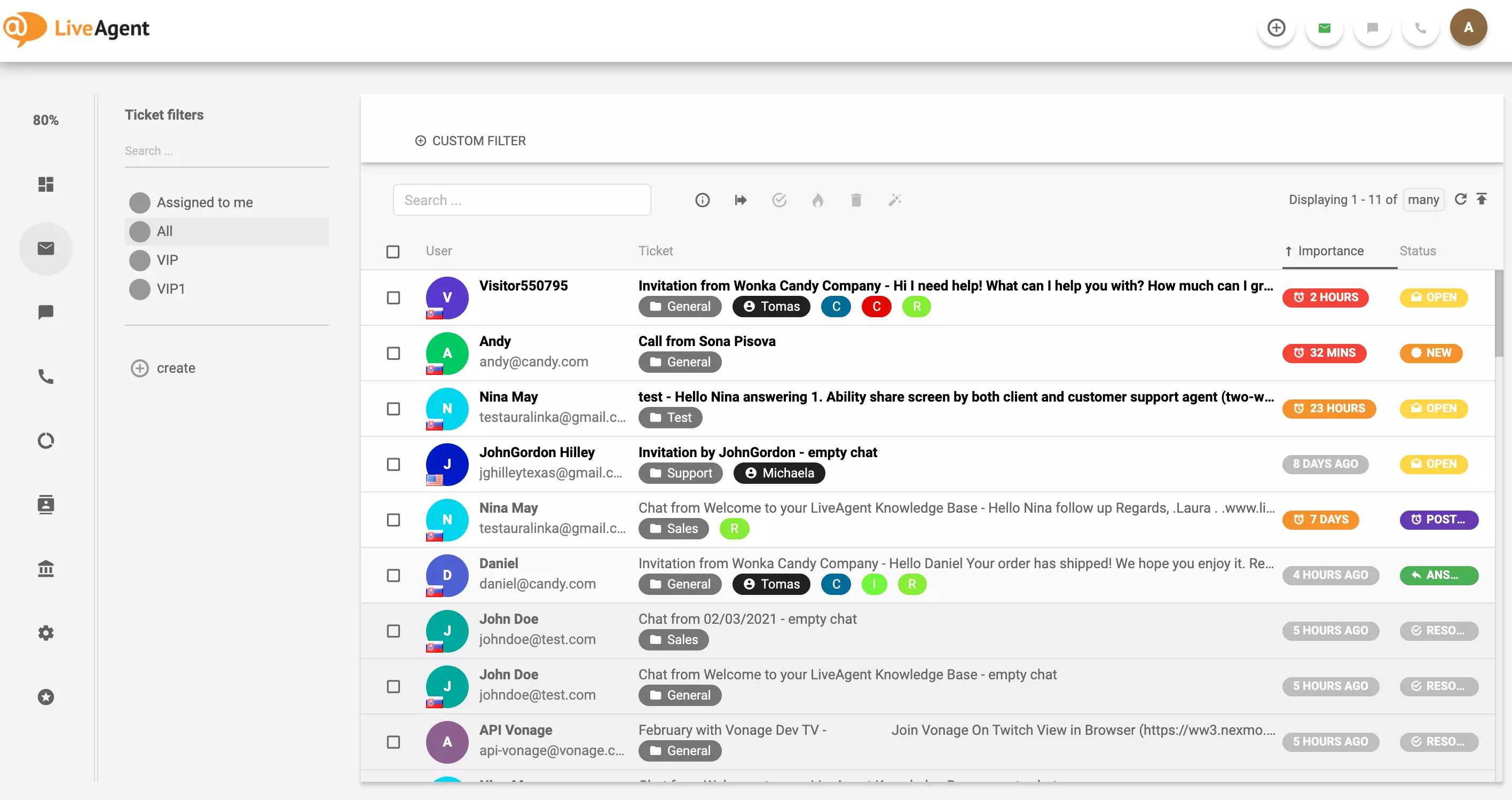 Ejemplo de tickets de LiveAgent