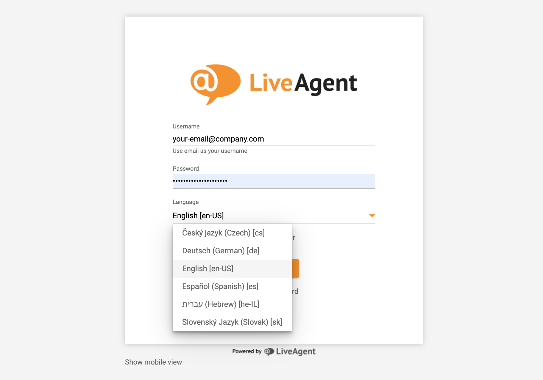 LiveAgent inicio de sesión - selección de idioma