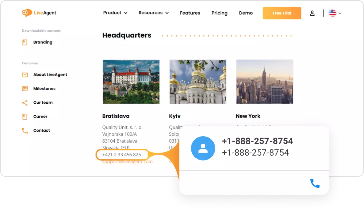 Tarjeta de contacto de llamada con un clic de LiveAgent
