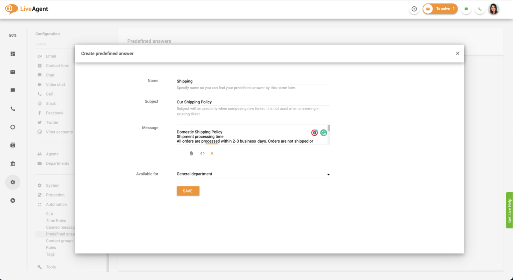 Configuración de respuestas predefinidas en LiveAgent