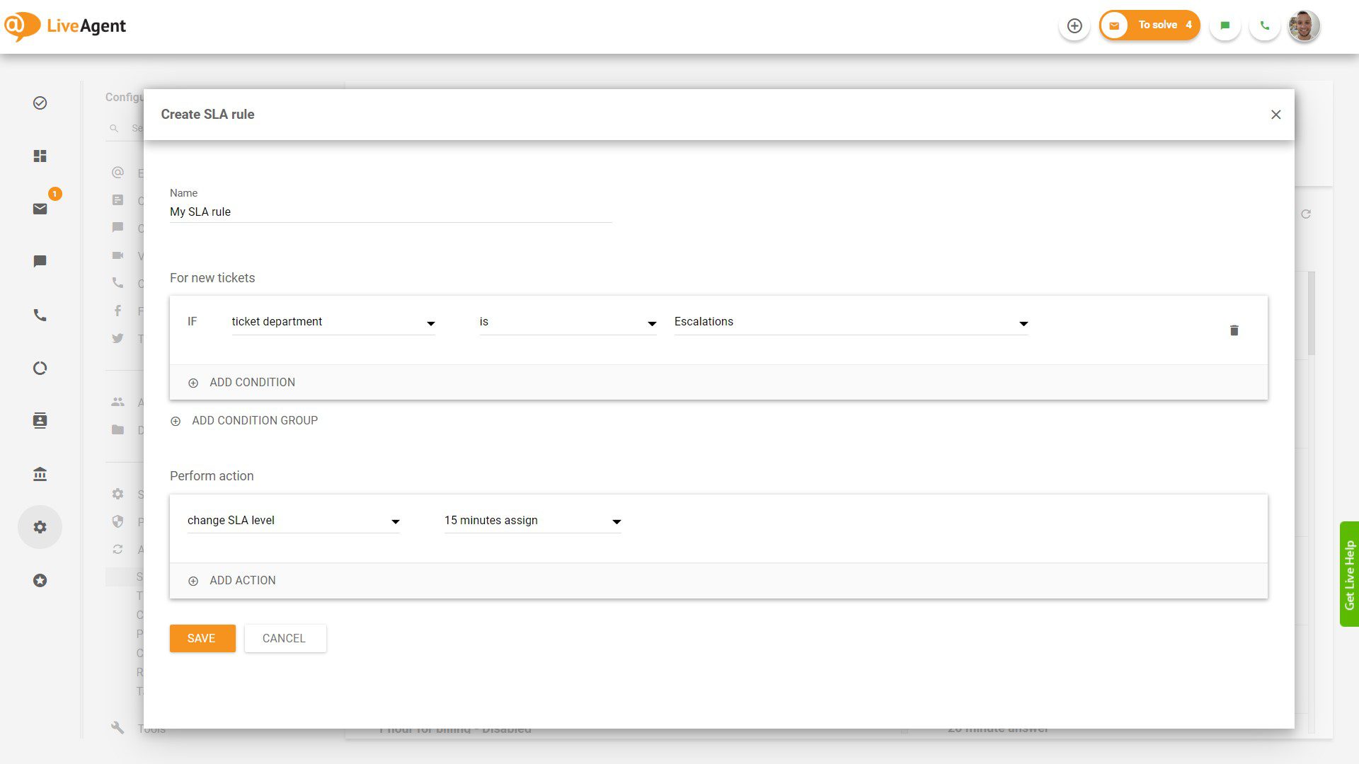 Creación de regla de SLA en LiveAgent