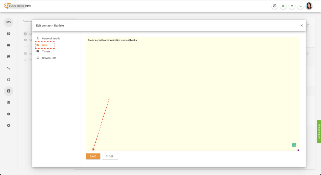 Guardar nota de contacto en LiveAgent