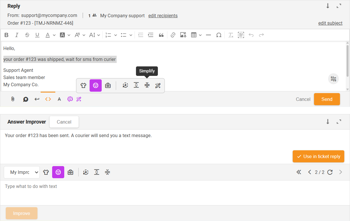 Función Simplificar del Mejorador de Respuestas con IA - descripción general de la interfaz