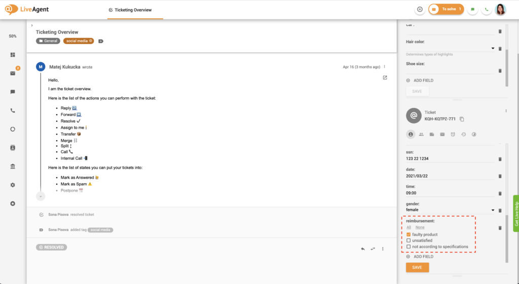 Ejemplo de grupo de casillas de verificación de campos de ticket