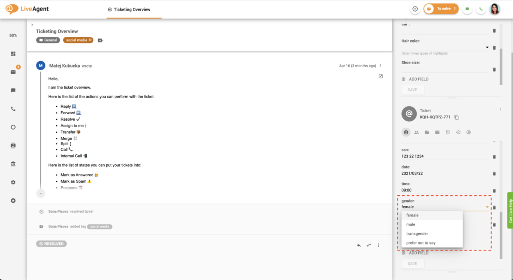 Ejemplo de cuadro de lista de campos de ticket