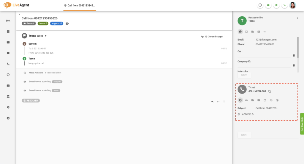Panel de información del ticket en LiveAgent
