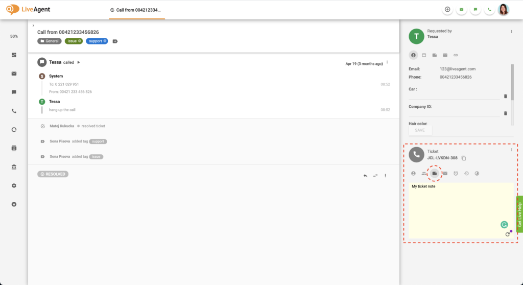 Campo de nota del help desk del ticket