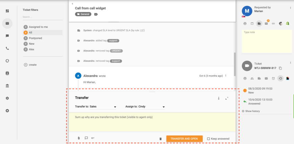 Transferir ticket en LiveAgent