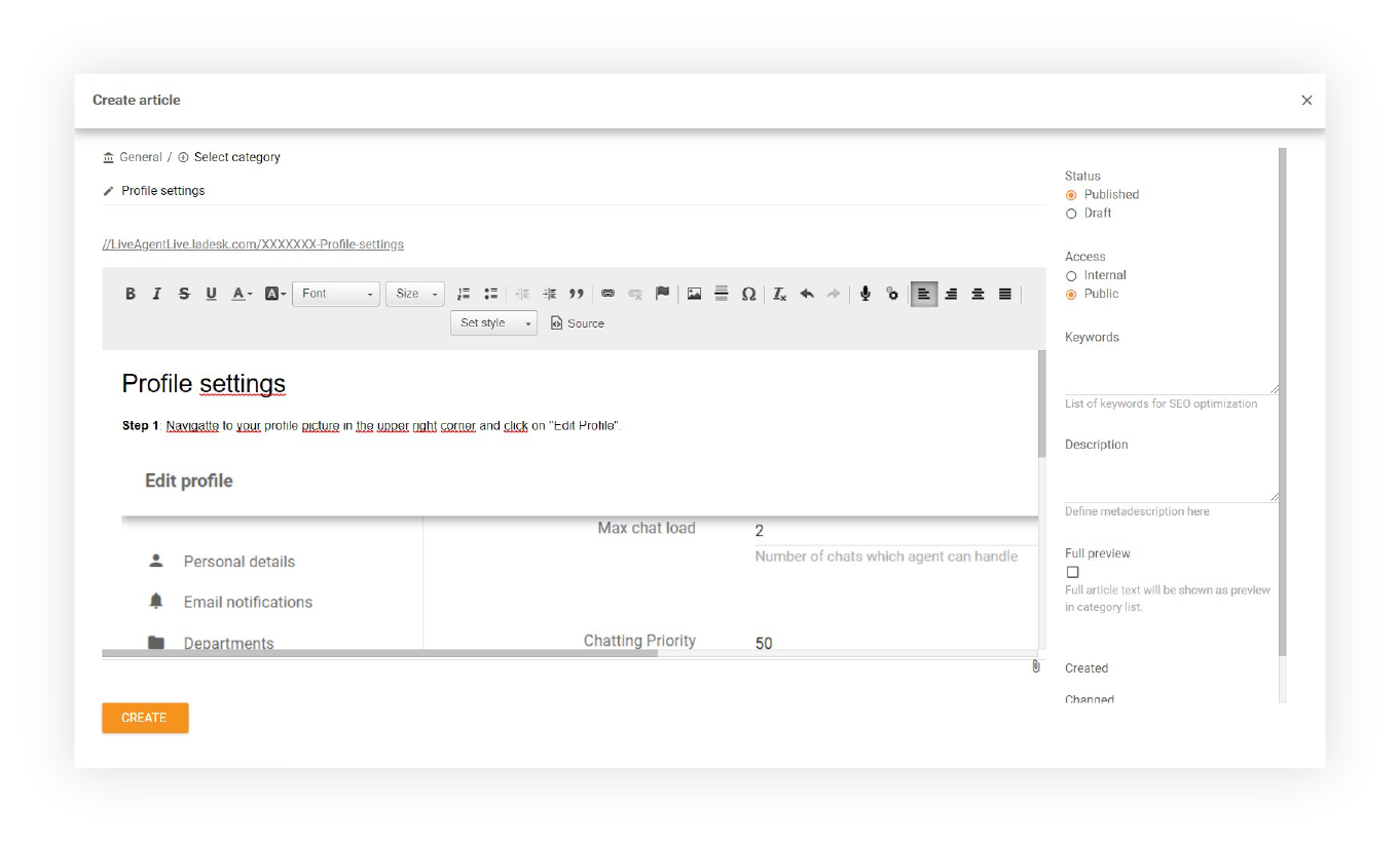 Editor WYSIWYG de LiveAgent para artículos