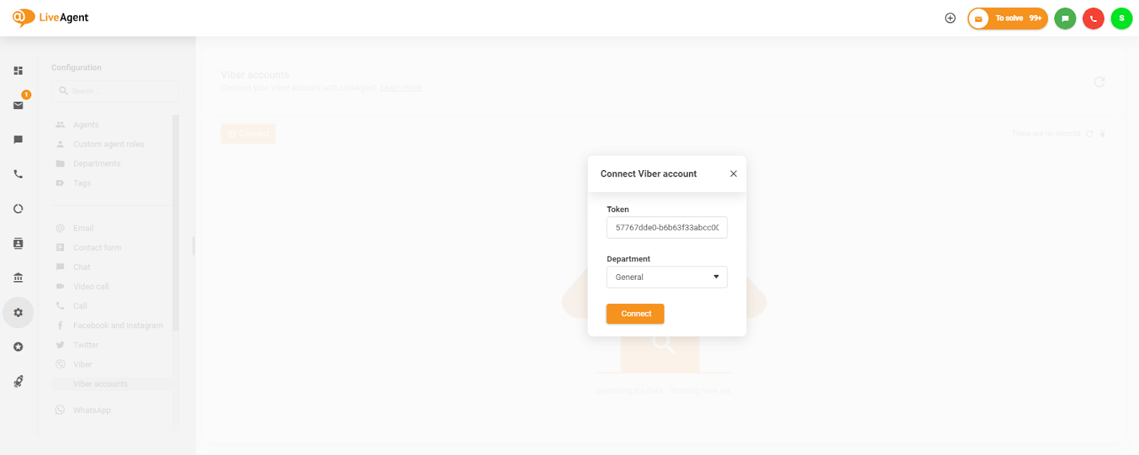 Colocación del token en la ventana Conectar cuenta de Viber