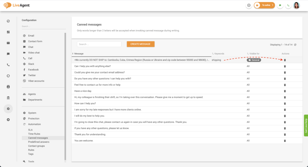Eliminando un mensaje predefinido
