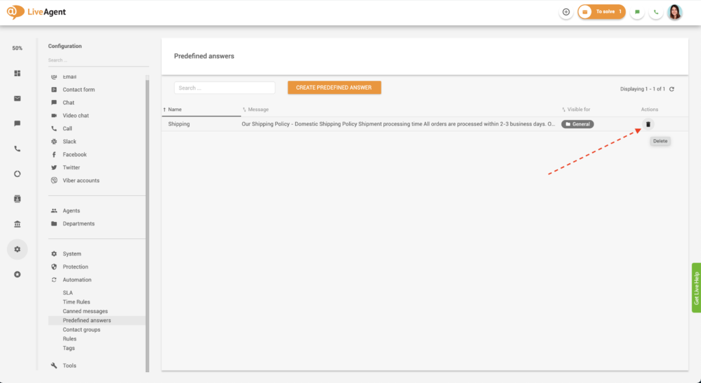 Eliminación de respuesta predefinida en LiveAgent