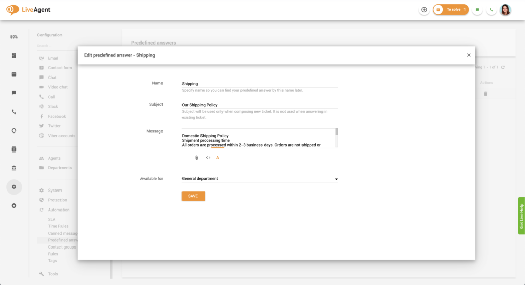 Edición de respuestas predefinidas en LiveAgent