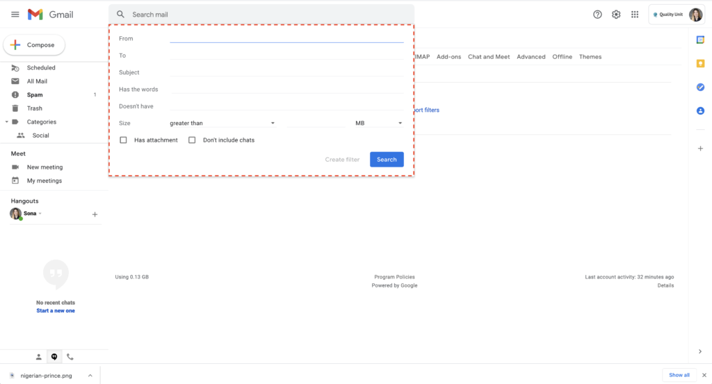 Ejemplo de filtrado de spam de Gmail 2