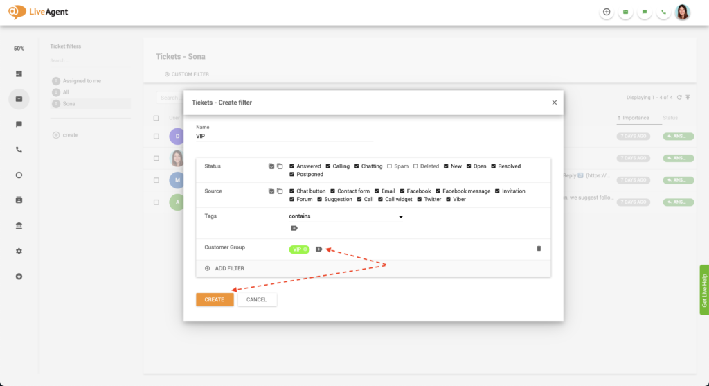 Agregar filtro de ticket VIP de LiveAgent