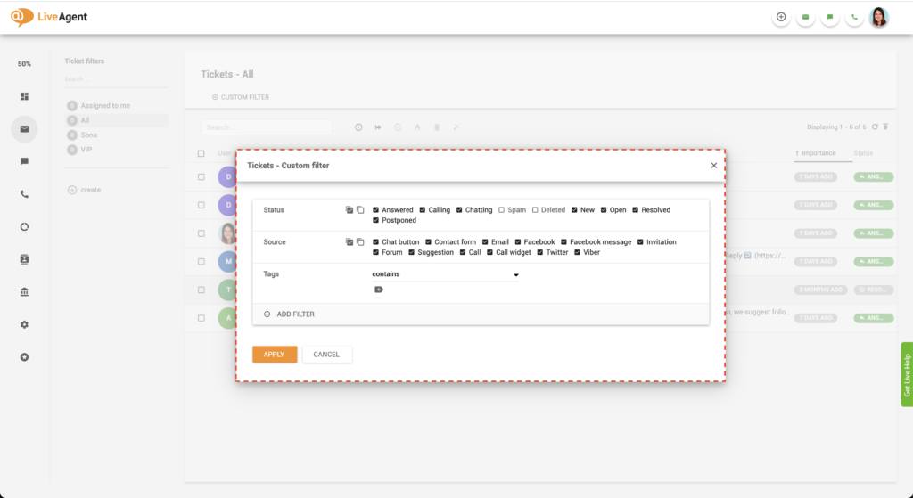 Seleccionar filtro de LiveAgent
