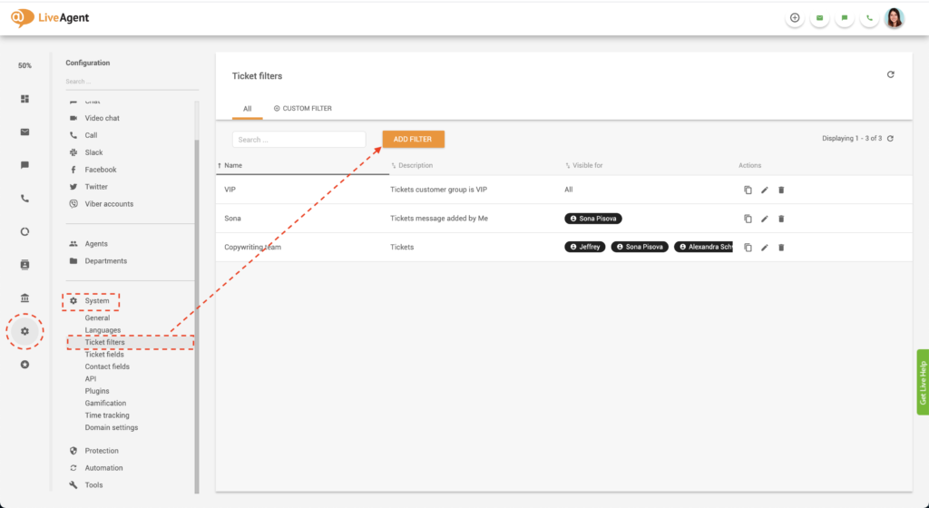 Crear filtro global de LiveAgent
