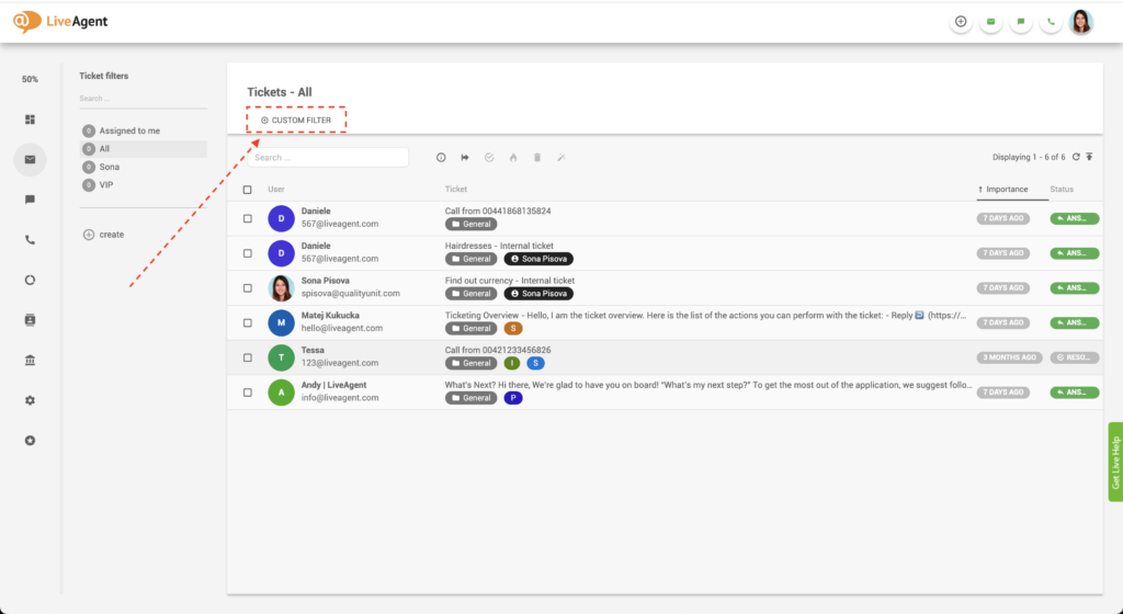 Filtro personalizado de LiveAgent