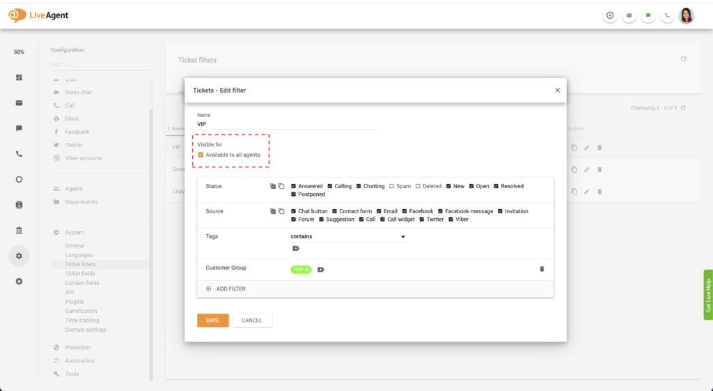 Editar filtro global de LiveAgent
