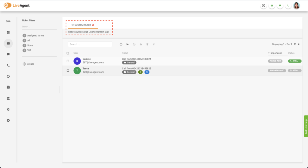 Tickets filtrados de LiveAgent