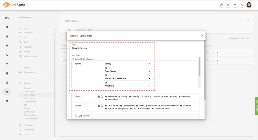Filtro global de LiveAgent