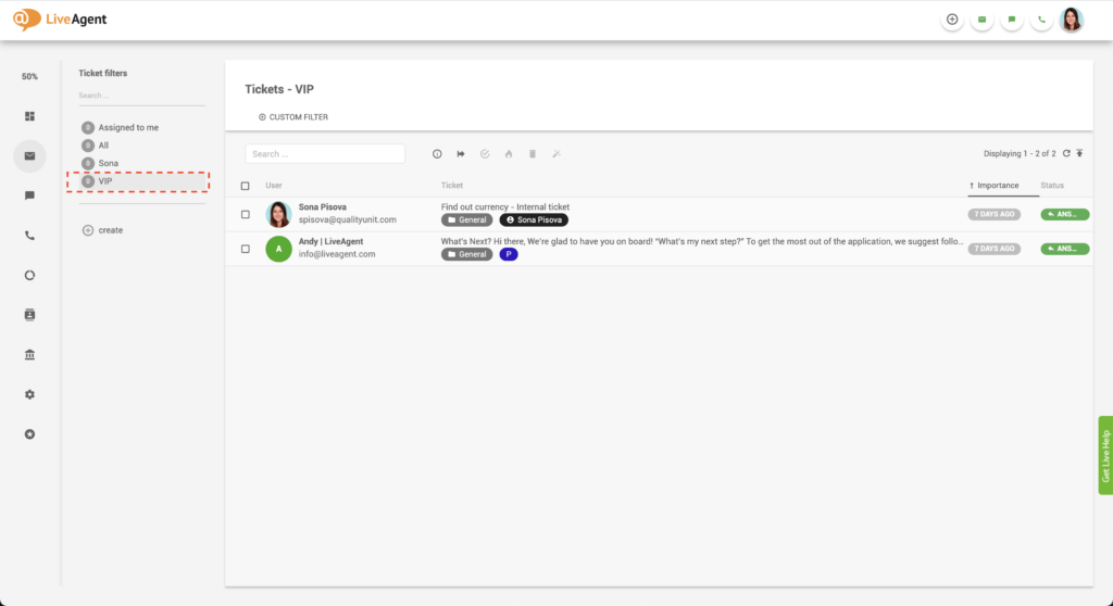 Filtro de ticket VIP de LiveAgent