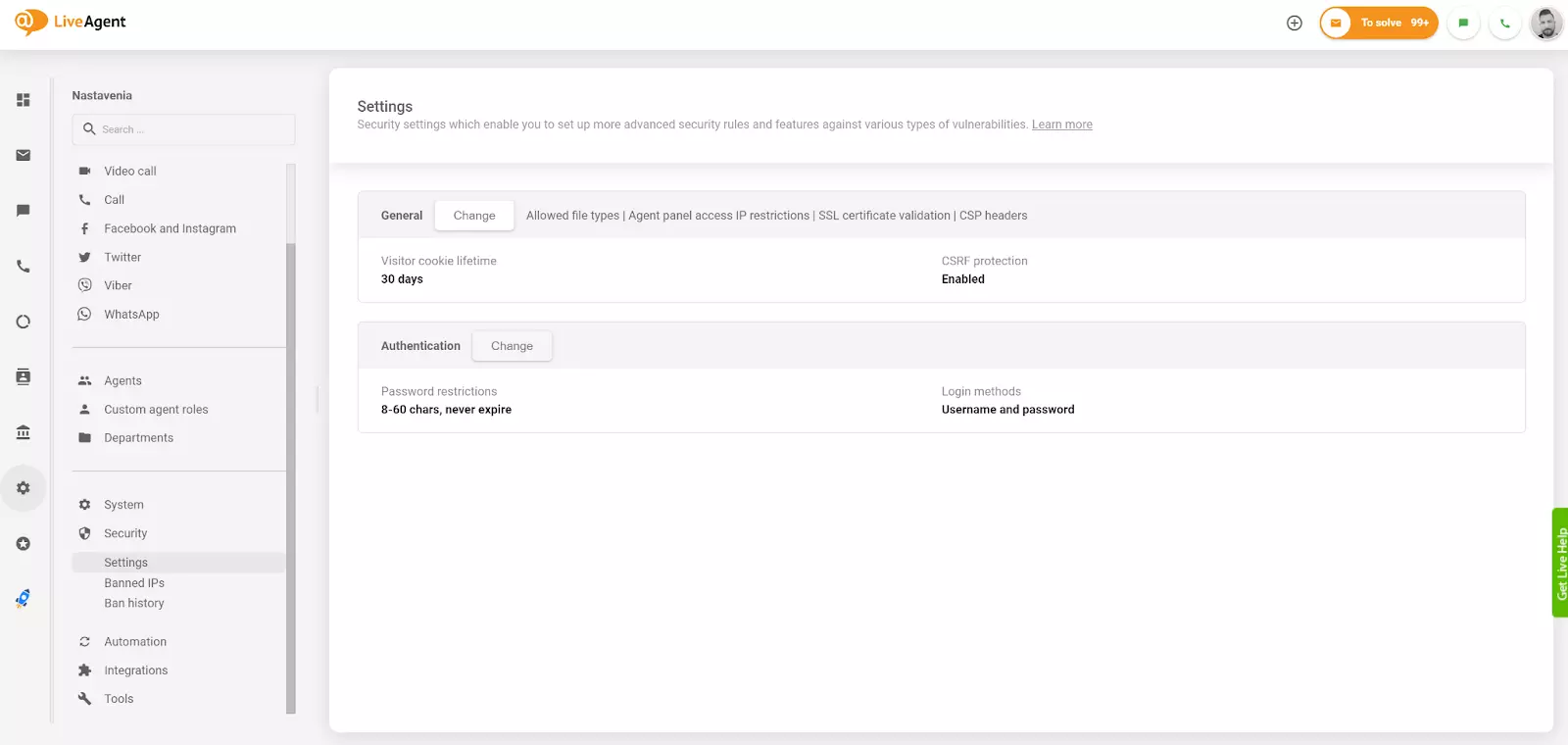 Cambiar configuración de autenticación en LiveAgent