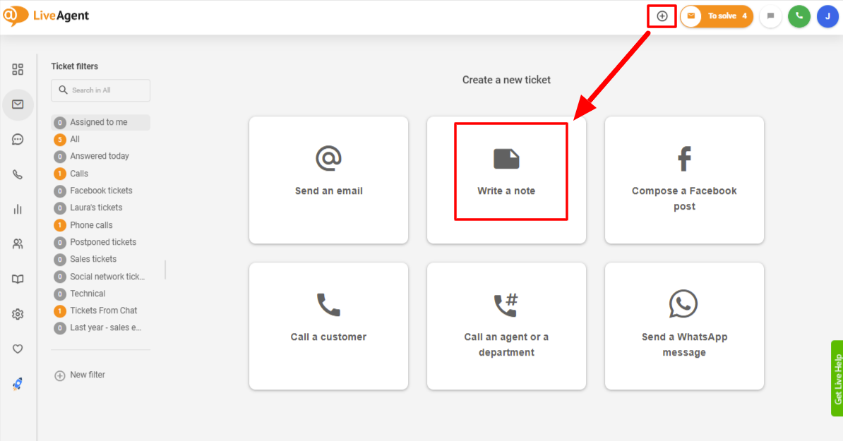 LiveAgent usa notas internas para crear un ticket