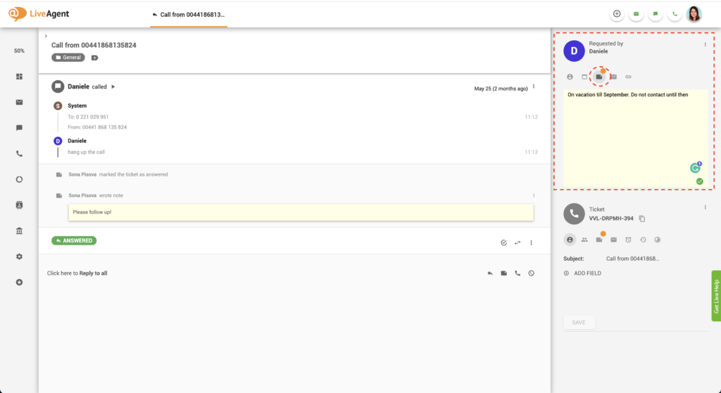 Nota de cliente de Liveagent