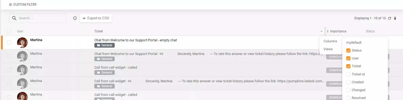 Exportación CSV de columnas o vistas específicas