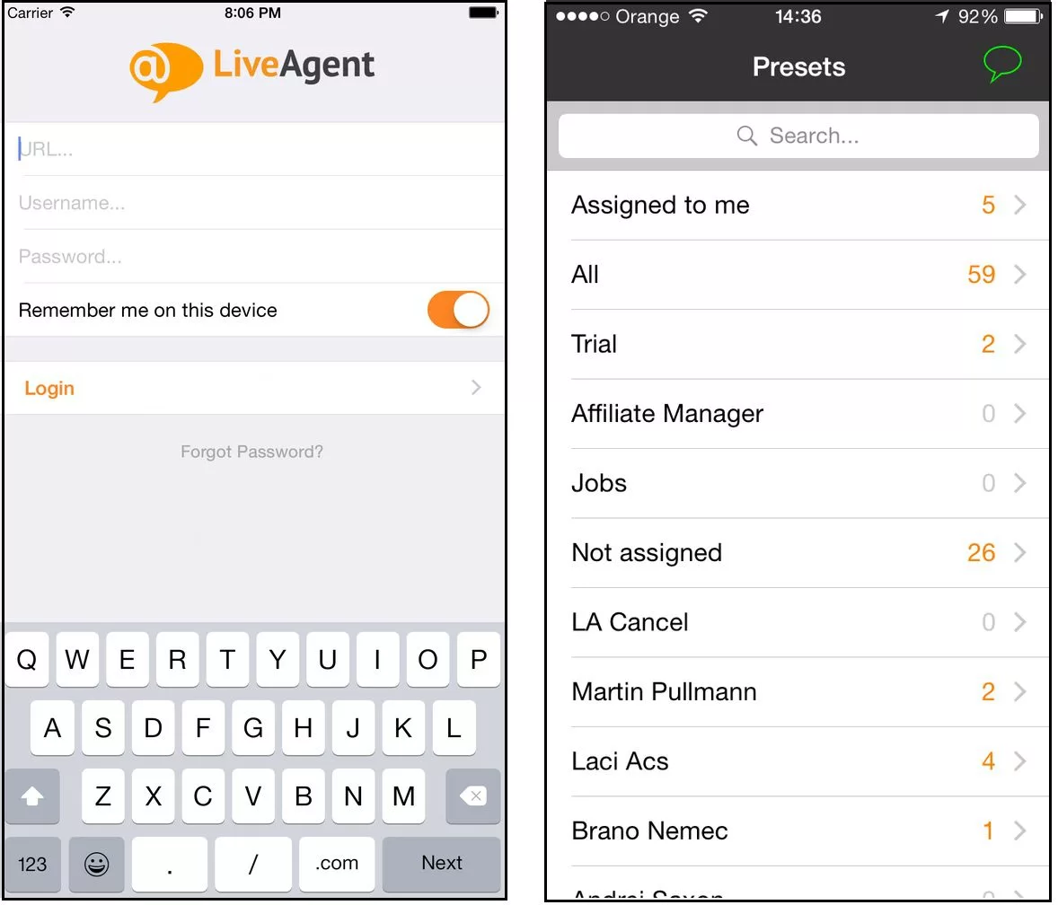 Interfaz de la aplicación iOS de LiveAgent