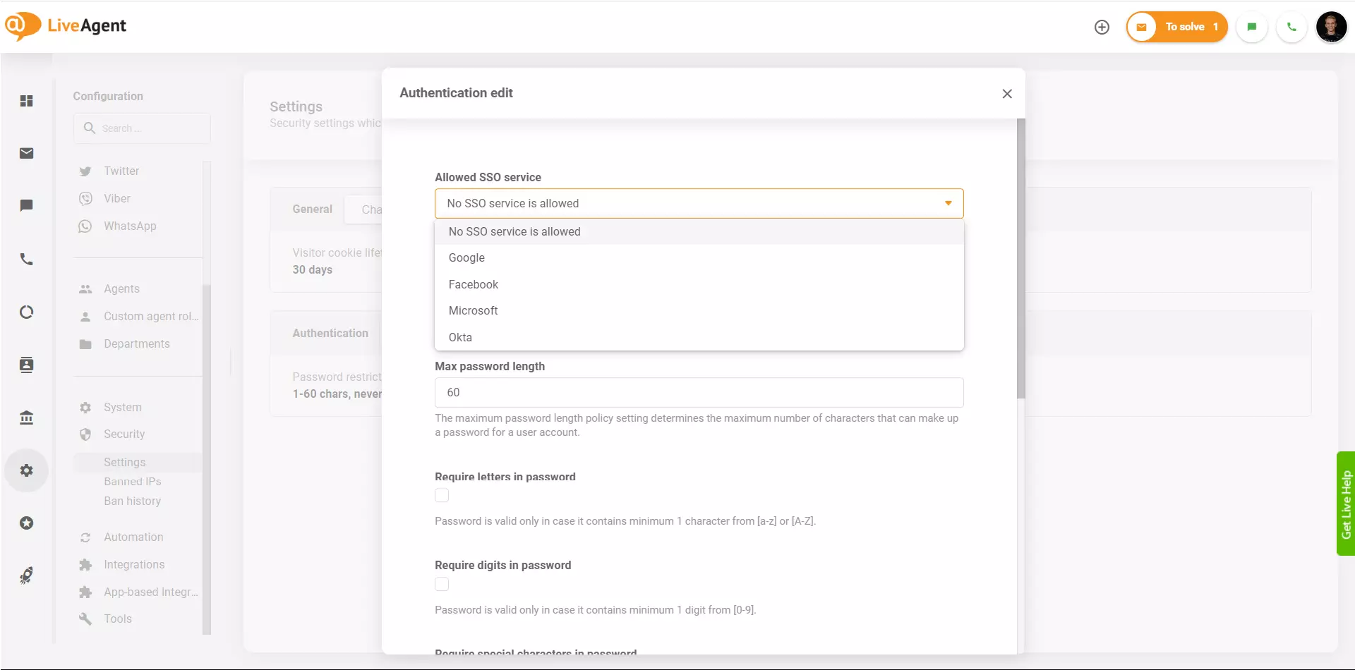 LiveAgent - Proveedores de SSO