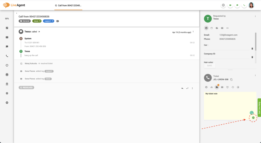 Notas de tickets de LiveAgent