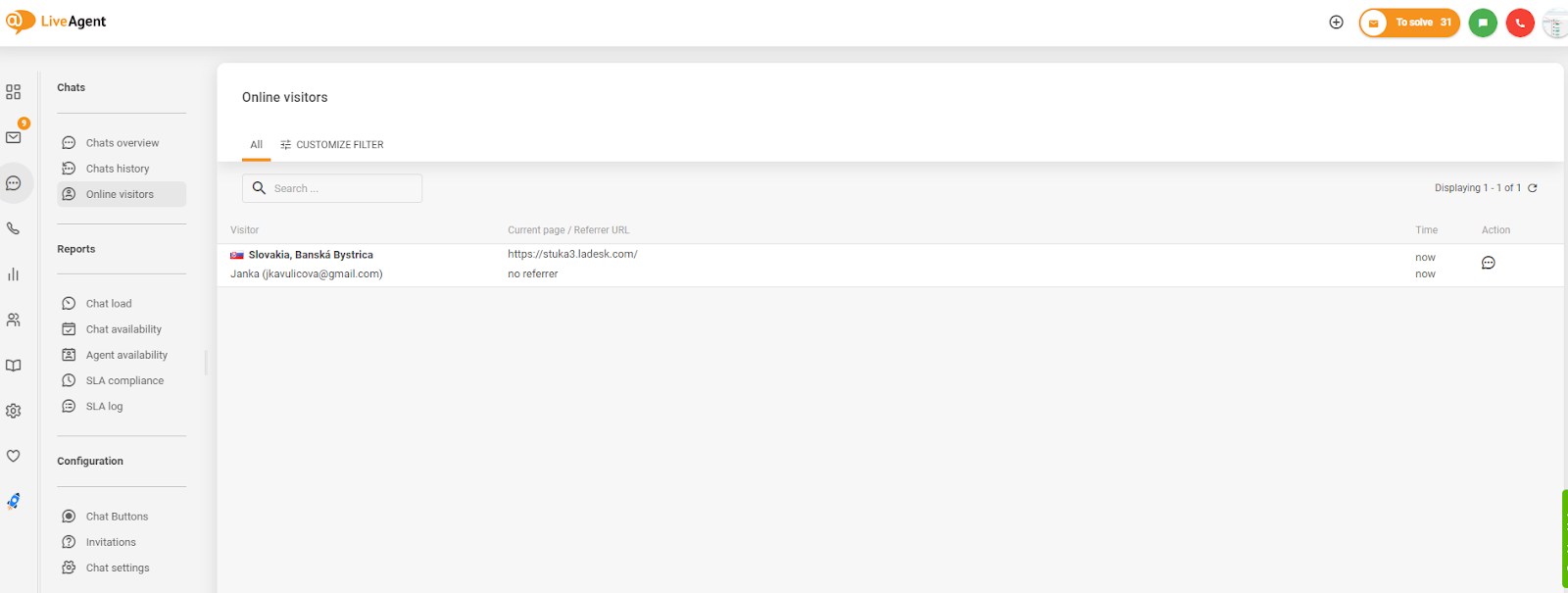 Captura de pantalla del seguimiento de visitantes del sitio web en LiveAgent