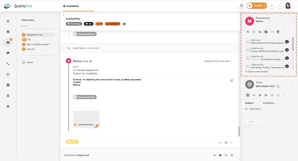 Historial de comunicación en hilos - LiveAgent