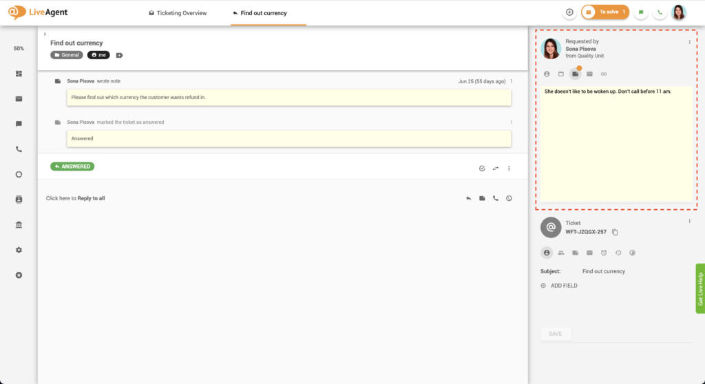 Notas en Tickets - LiveAgent