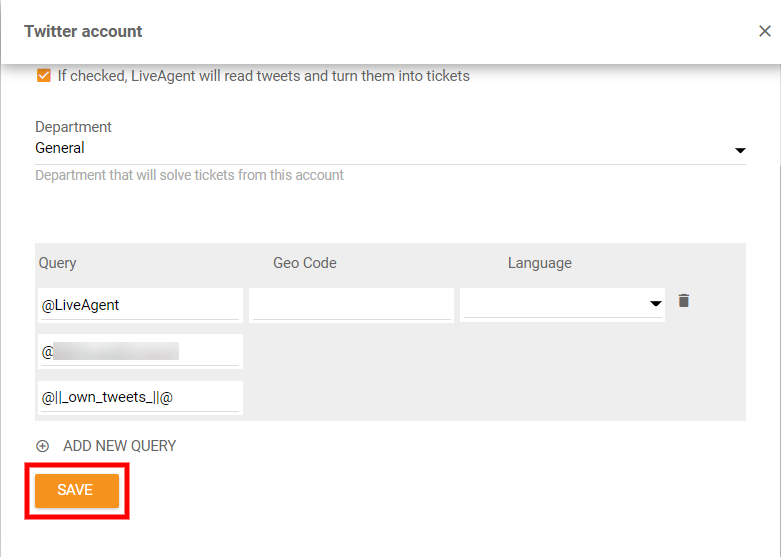 Guardar configuración de integración de Twitter
