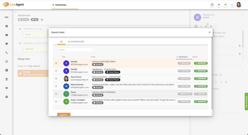 Seleccionar ticket para combinar