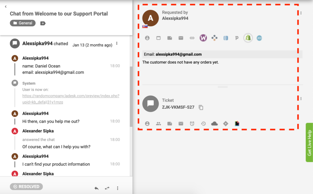 Complemento Shopify activo en LiveAgent