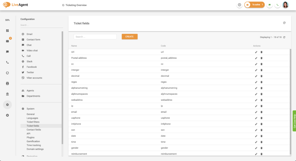 Características de campos de ticket
